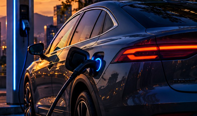 Auto eléctrico conectado a un punto de carga al atardecer